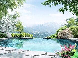山间泳池畔的悠然景致