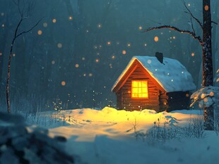 雪夜中的温馨小木屋