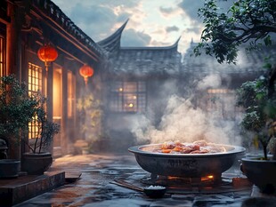 古宅庭院中的热气腾腾火锅