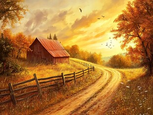 秋日乡村小道旁的红谷仓