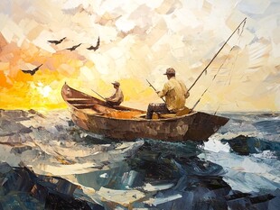 海上黄昏双人垂钓图景
