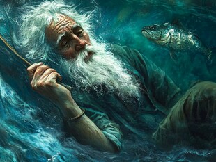 水下垂钓老者与鱼的奇幻景