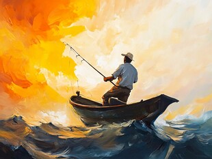 孤舟独钓于绚烂云海间