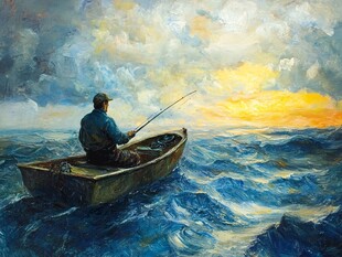 孤舟垂钓于波涛汹涌海面