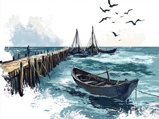 海边码头渔船与飞翔海鸟