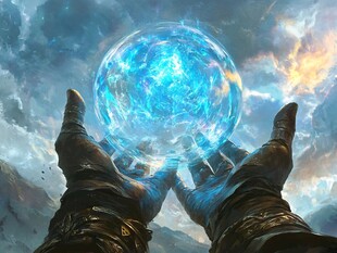 双手托举神秘蓝色能量球