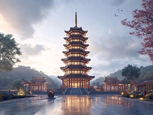 古风宝塔夜色中的中式美景