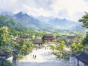 古风小镇依山傍水美景