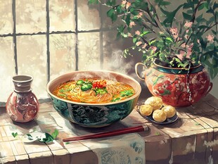 窗边热面与点心的惬意时光