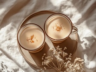 两杯暖饮伴干花的惬意时光