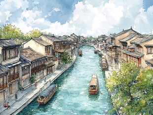 江南水乡古巷中的悠悠河景