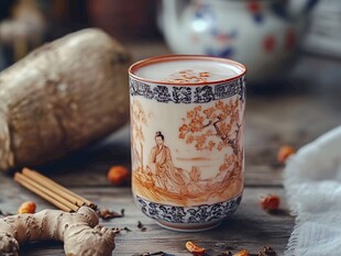 中式古风花纹茶杯与药材