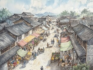 古街集市热闹市井景象