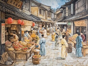 古代集市热闹生活场景