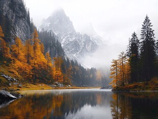 秋雾中的山水森林美景