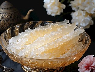 晶莹雪燕置于精美玻璃碗中