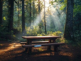 林间阳光洒落的野餐桌