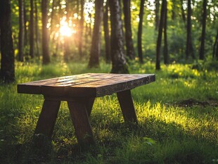 林间木凳沐于夕阳光辉