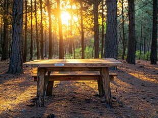 森林中夕阳下的木质野餐桌