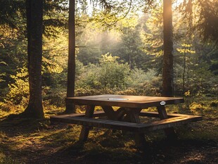 森林中的阳光野餐桌