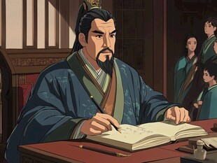古代官员伏案书写场景
