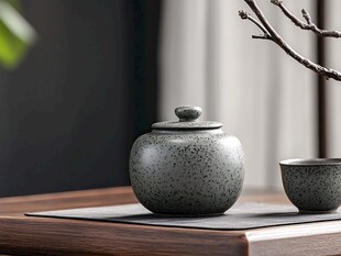 中式粗陶茶罐与茶杯