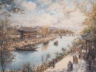 古风河畔市井繁华景象