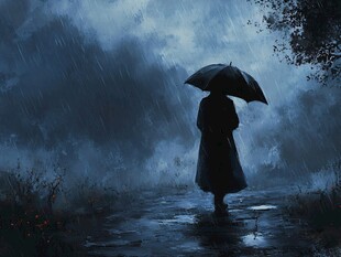 雨中独行者的孤寂身影