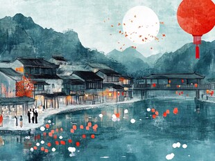 水墨江南月夜水乡美景