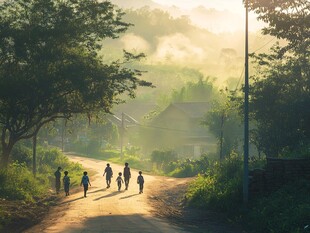晨雾中乡村小路上的行人