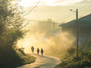 乡村晨光中三人漫步小道