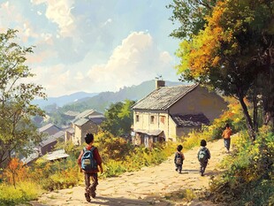 乡村小道上的孩童放学路