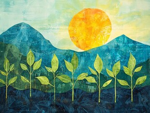 日出下的青苗与山峦