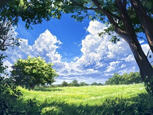 夏日绿野蓝天梦幻风景