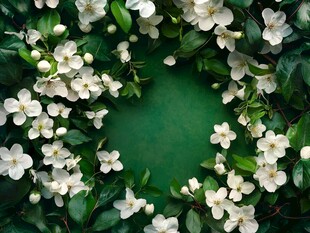 白花绿叶环绕的清新画面