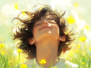 阳光下闭眼微笑的少年