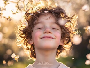 阳光下闭眼微笑的卷发孩童