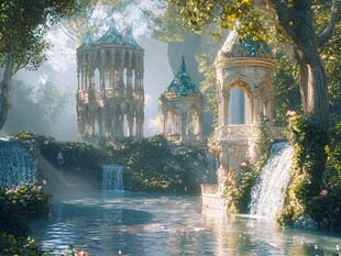 梦幻森林中的奇幻城堡景观