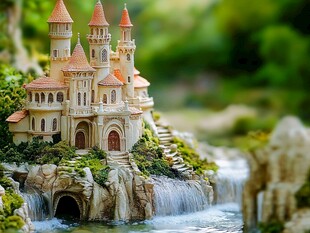 梦幻童话风城堡瀑布景观