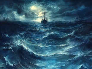 月夜下的惊涛与远航船只