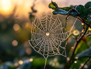 晨晖下带露的精致蜘蛛网