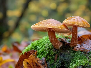 林间双蘑菇 露珠覆伞顶