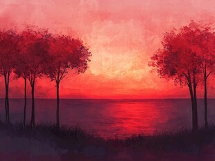 夕阳下的红树与静谧湖水