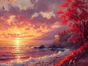 秋日海边壮丽日落景象