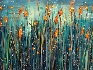 湖畔芦苇油画艺术风景