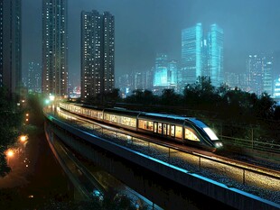 城市夜景中疾驰的现代列车