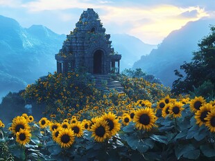 山间古寺旁的向日葵花海