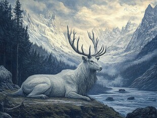 雪色巨角鹿栖于山川间