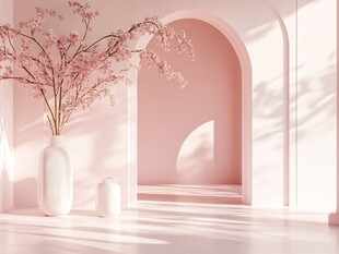 粉色拱门旁的春日花瓶景致