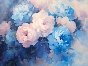 梦幻蓝粉花卉油画